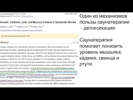 Один из механизмов пользы саунатерапии – детоксикация. Саунатерапия помогает понизить уровень мышьяка, кадмия, свинца и ртути.