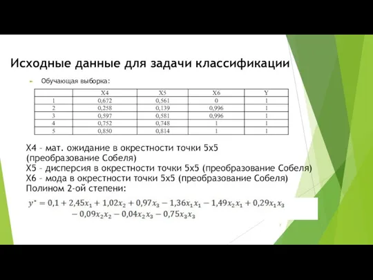 Исходные данные для задачи классификации Обучающая выборка: Х4 – мат. ожидание в