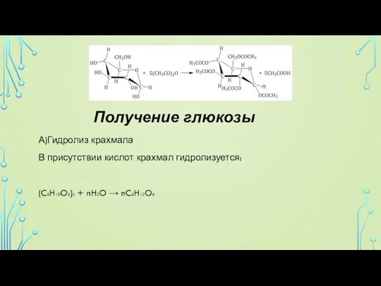 Получение глюкозы А)Гидролиз крахмала В присутствии кислот крахмал гидролизуется: (C6H10O5)n + nH2O → nC6H12O6