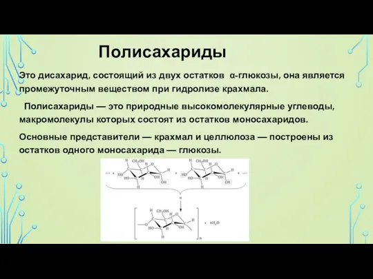 Полисахариды Это дисахарид, состоящий из двух остатков α-глюкозы, она является промежуточным веществом