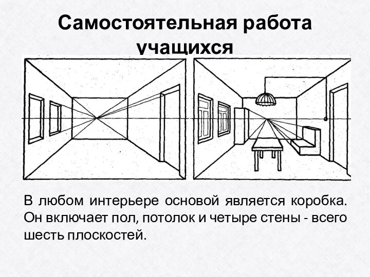 Самостоятельная работа учащихся В любом интерьере основой является коробка. Он включает пол,