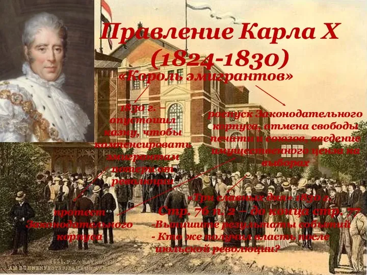 Правление Карла X (1824-1830) «Король эмигрантов» 1830 г. – опустошил казну, чтобы