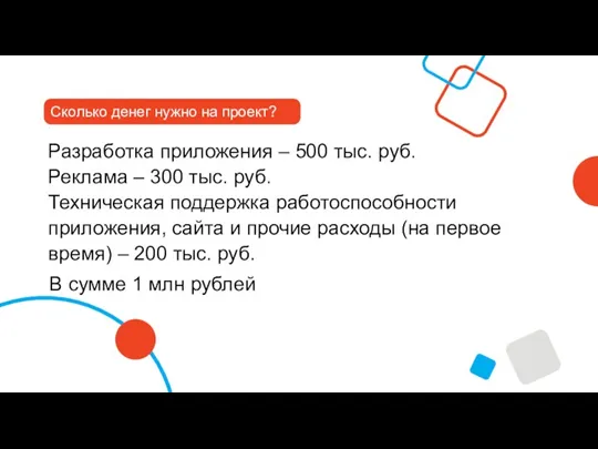 Сколько денег нужно на проект? Разработка приложения – 500 тыс. руб. Реклама