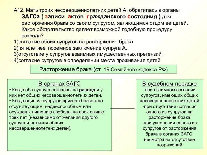 А12. Мать троих несовершеннолетних детей А. обратилась в органы ЗАГСа ( записи