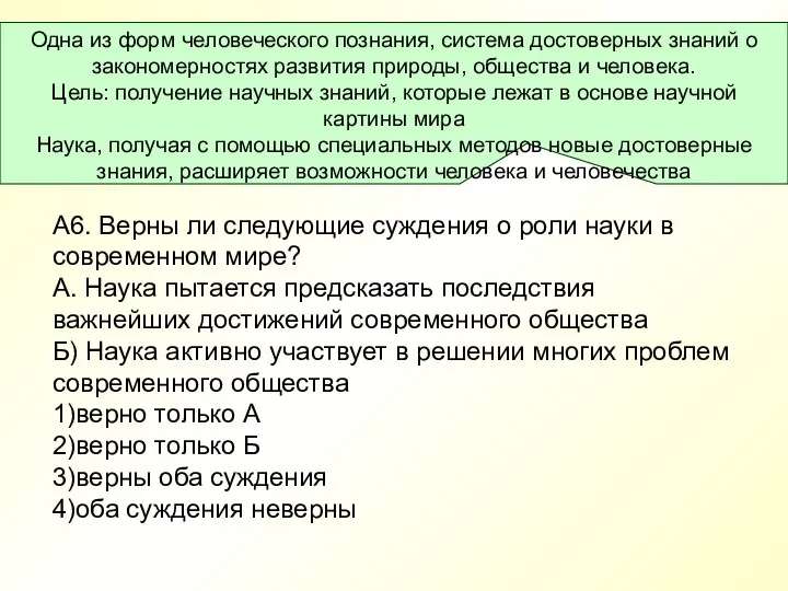 А6. Верны ли следующие суждения о роли науки в современном мире? А.