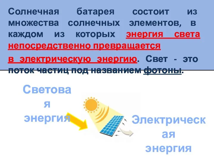 Солнечная батарея состоит из множества солнечных элементов, в каждом из которых энергия
