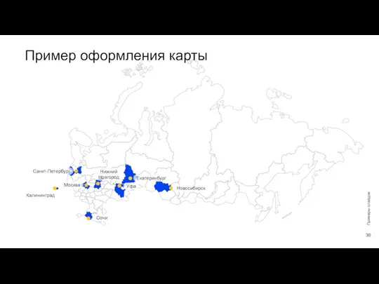 Пример оформления карты Примеры слайдов Новосибирск Уфа Екатеринбург Нижний Новгород Москва Калининград Сочи Санкт-Петербург