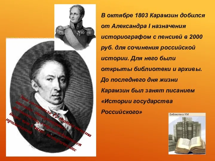 В октябре 1803 Карамзин добился от Александра I назначения историографом с пенсией