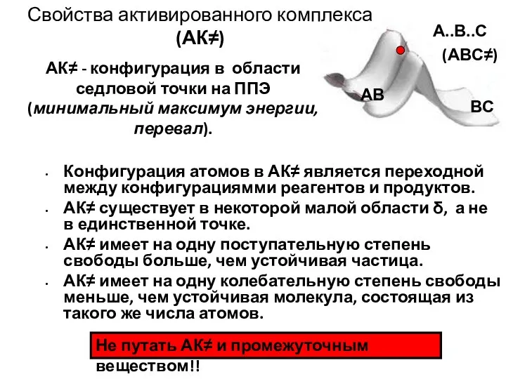 Свойства активированного комплекса (АК≠) Конфигурация атомов в АК≠ является переходной между конфигурациямми