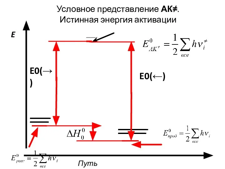 E0(←) Путь реакции E Условное представление АК≠. Истинная энергия активации E0(→)