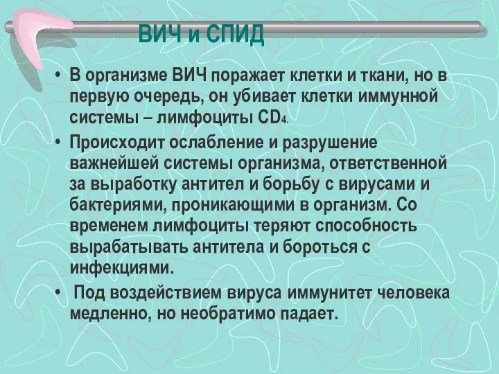 ВИЧ и СПИД В организме ВИЧ поражает клетки и ткани, но в