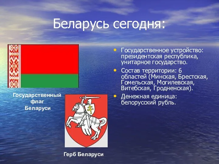 Беларусь сегодня: Государственный флаг Беларуси Герб Беларуси Государственное устройство: президентская республика, унитарное