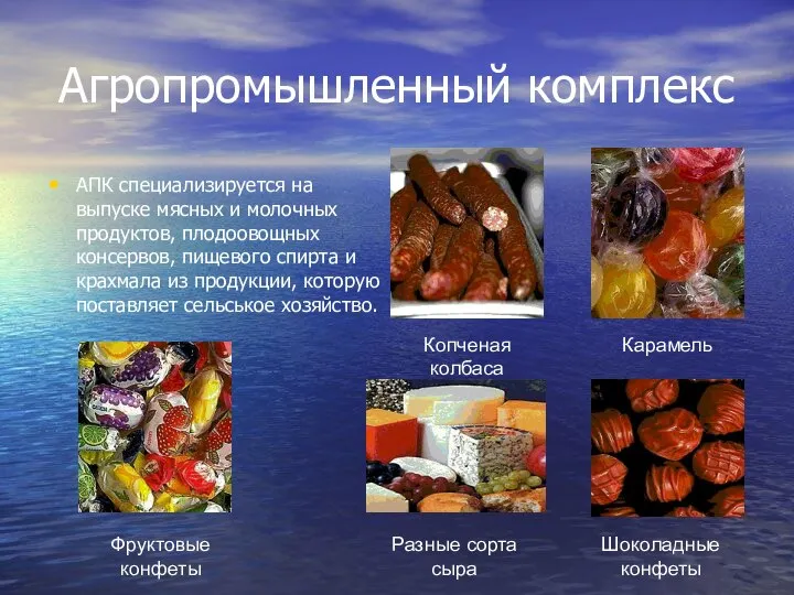 Агропромышленный комплекс АПК специализируется на выпуске мясных и молочных продуктов, плодоовощных консервов,