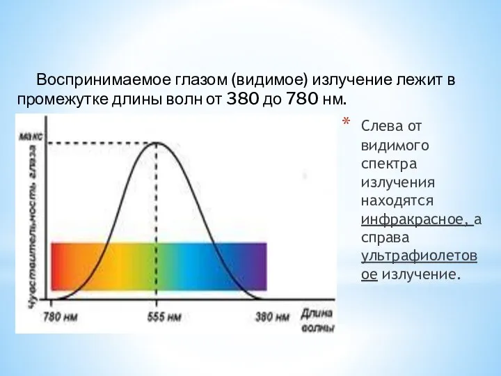 Слева от видимого спектра излучения находятся инфракрасное, а справа ультрафиолетовое излучение. Воспринимаемое