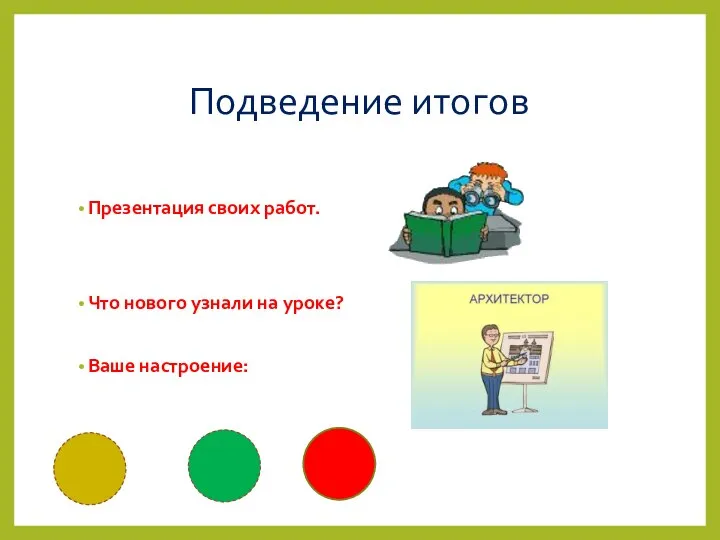 Подведение итогов Презентация своих работ. Что нового узнали на уроке? Ваше настроение: