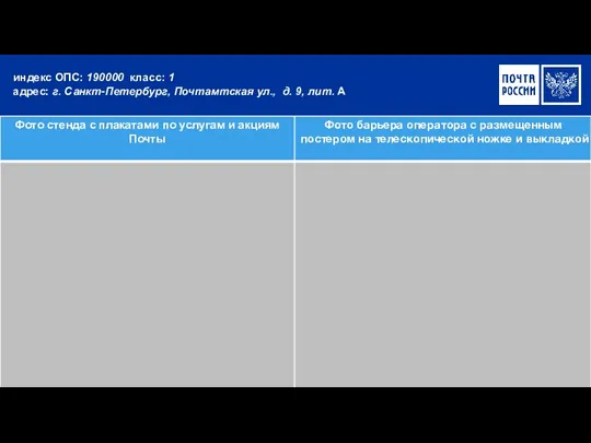 индекс ОПС: 190000 класс: 1 адрес: г. Санкт-Петербург, Почтамтская ул., д. 9, лит. А