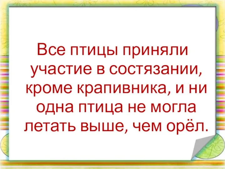 Все птицы приняли участие в состязании, кроме крапивника, и ни одна птица