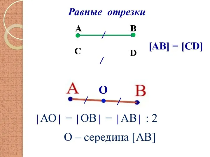 Равные отрезки О │АО│ = │ОВ│ = │АВ│ : 2 О –