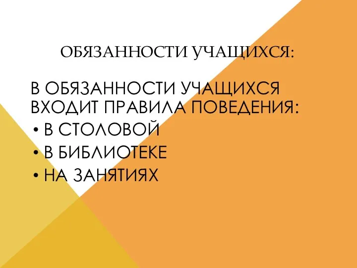 ОБЯЗАННОСТИ УЧАЩИХСЯ: В ОБЯЗАННОСТИ УЧАЩИХСЯ ВХОДИТ ПРАВИЛА ПОВЕДЕНИЯ: В СТОЛОВОЙ В БИБЛИОТЕКЕ НА ЗАНЯТИЯХ