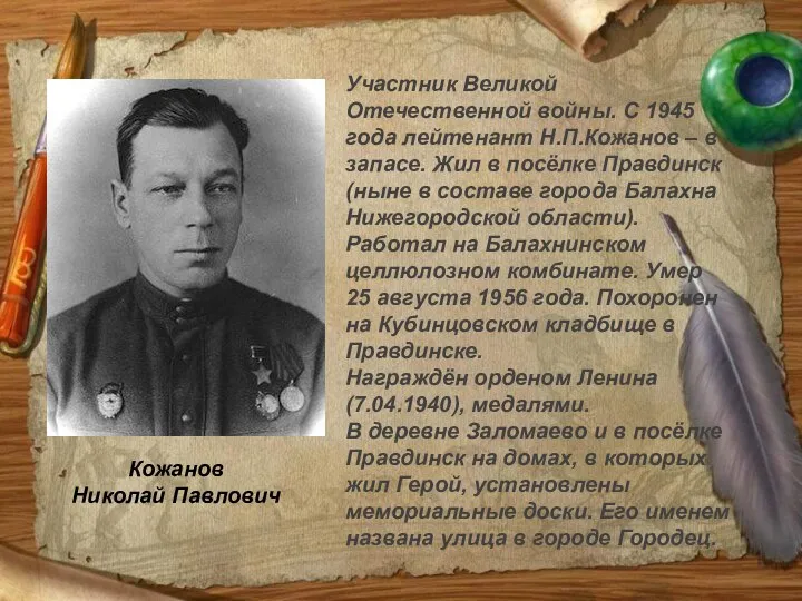 Кожанов Николай Павлович Участник Великой Отечественной войны. С 1945 года лейтенант Н.П.Кожанов