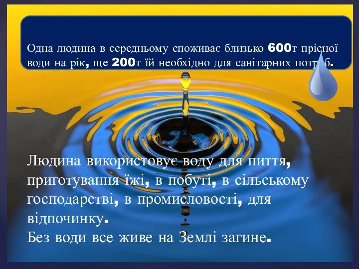 Одна людина в середньому споживає близько 600т прісної води на рік, ще