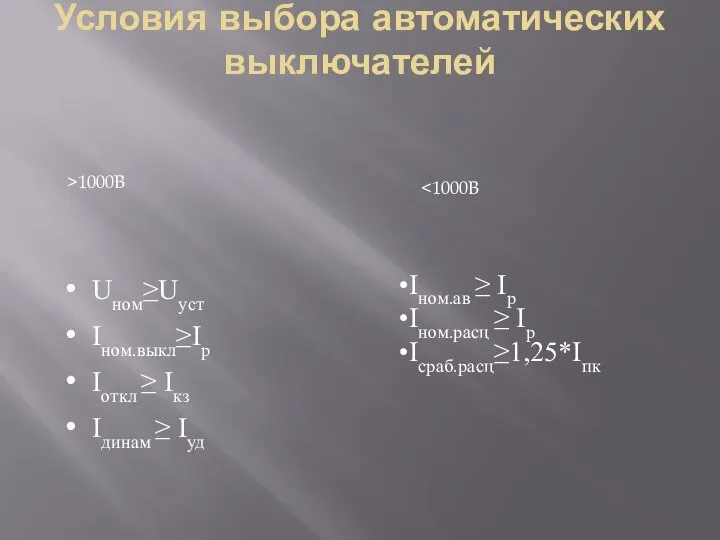 Условия выбора автоматических выключателей Uном≥Uуст Iном.выкл≥Iр Iоткл ≥ Iкз Iдинам ≥ Iуд