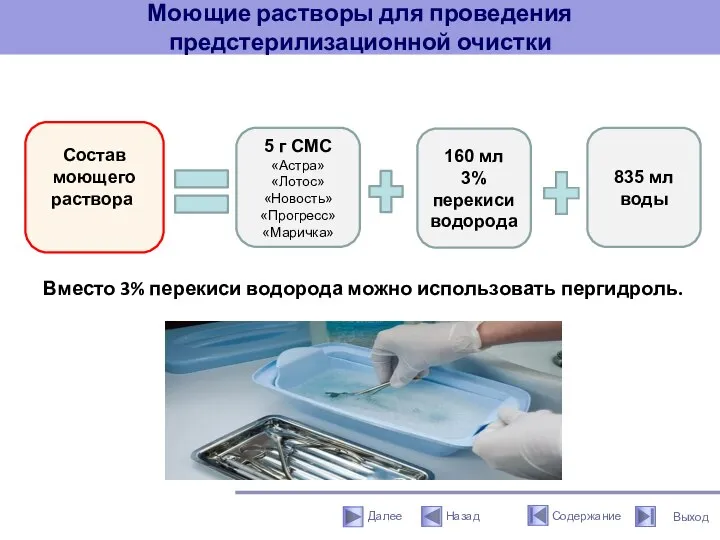 Моющие растворы для проведения предстерилизационной очистки Вместо 3% перекиси водорода можно использовать