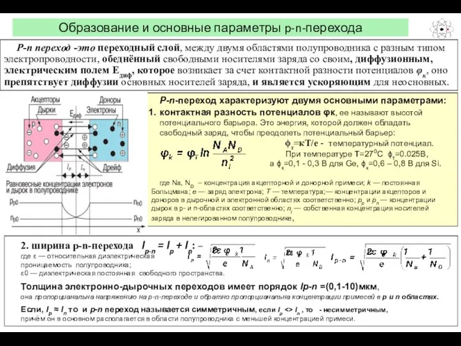 Образование и основные параметры p-n-перехода P-n-переход характеризуют двумя основными параметрами: контактная разность