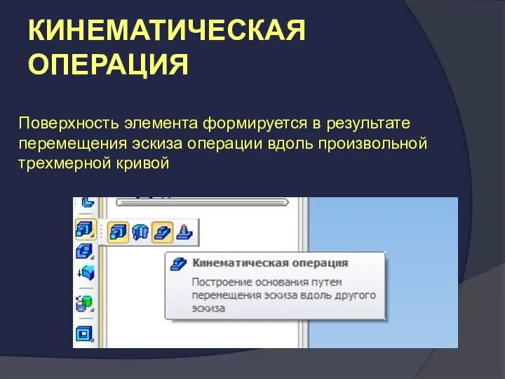 КИНЕМАТИЧЕСКАЯ ОПЕРАЦИЯ Поверхность элемента формируется в результате перемещения эскиза операции вдоль произвольной трехмерной кривой