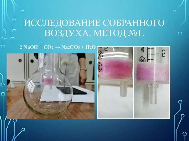 ИССЛЕДОВАНИЕ СОБРАННОГО ВОЗДУХА. МЕТОД №1. 2 NaOH + CO2 → Na2CO3 + H2O