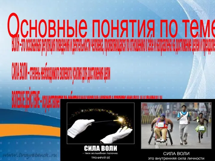 Основные понятия по теме: ВОЛЯ –это осознанная регуляция поведения и деятельности человека,