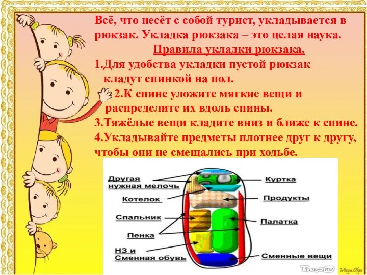 Всё, что несёт с собой турист, укладывается в рюкзак. Укладка рюкзака –