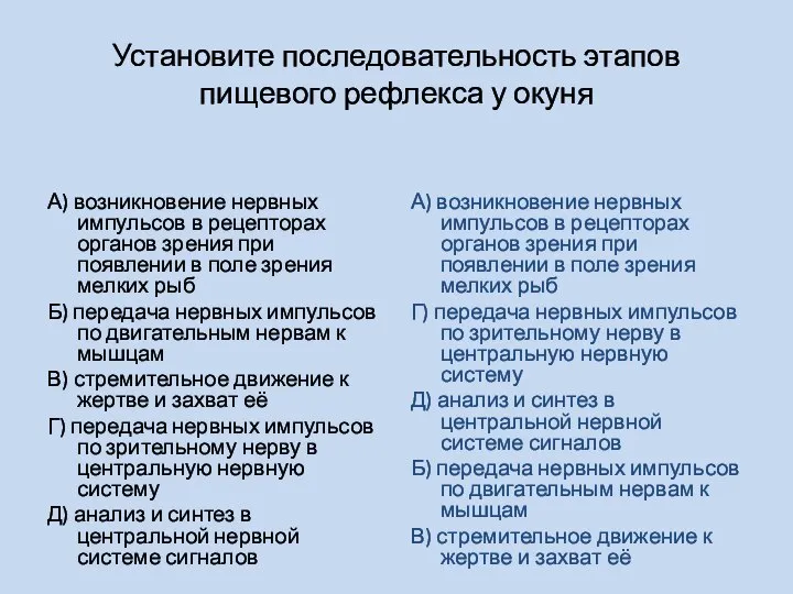 Установите последовательность этапов пищевого рефлекса у окуня А) возникновение нервных импульсов в