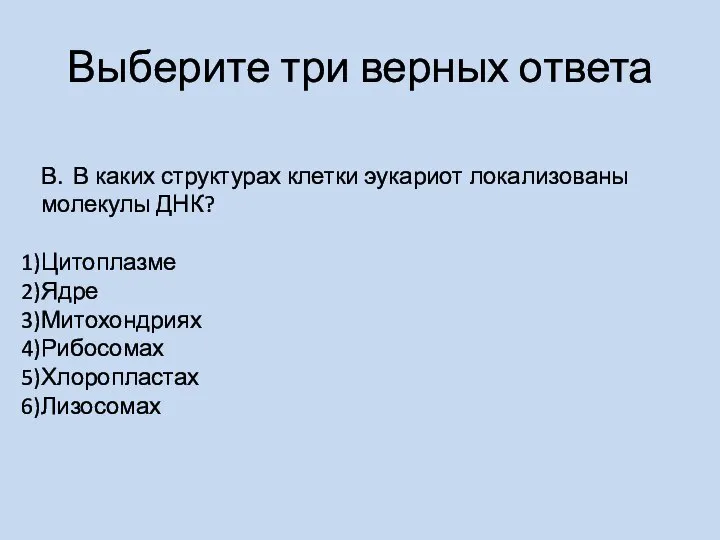 Выберите три верных ответа В. В каких структурах клетки эукариот локализованы молекулы