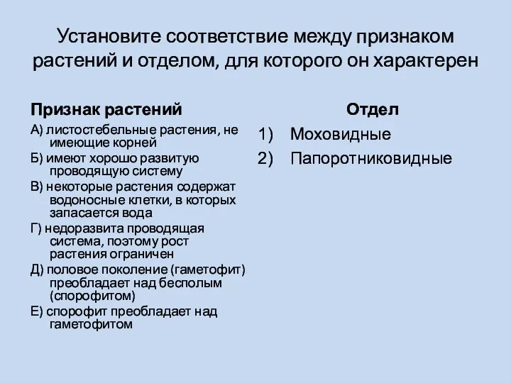 Установите соответствие между признаком растений и отделом, для которого он характерен Признак