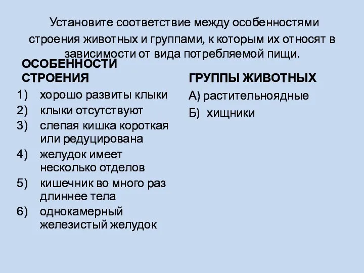 Установите соответствие между особенностями строения животных и группами, к которым их относят