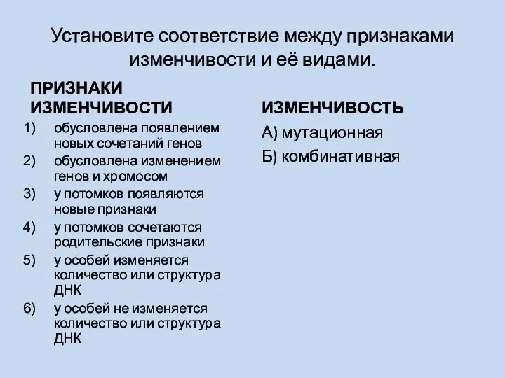 Установите соответствие между признаками изменчивости и её видами. ПРИЗНАКИ ИЗМЕНЧИВОСТИ обусловлена появлением