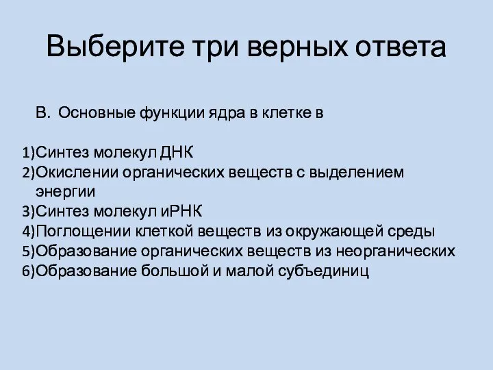 Выберите три верных ответа В. Основные функции ядра в клетке в Синтез