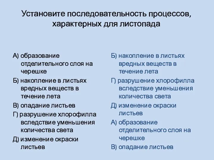 Установите последовательность процессов, характерных для листопада А) образование отделительного слоя на черешке