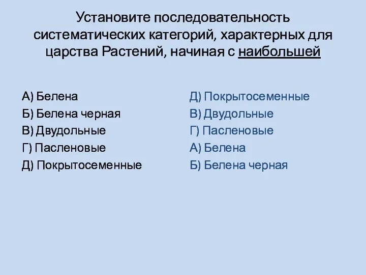 Установите последовательность систематических категорий, характерных для царства Растений, начиная с наибольшей А)