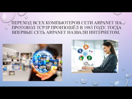 ПЕРЕХОД ВСЕХ КОМПЬЮТЕРОВ СЕТИ ARPANET НА ПРОТОКОЛ TCP/IP ПРОИЗОШЁЛ В 1983 ГОДУ.