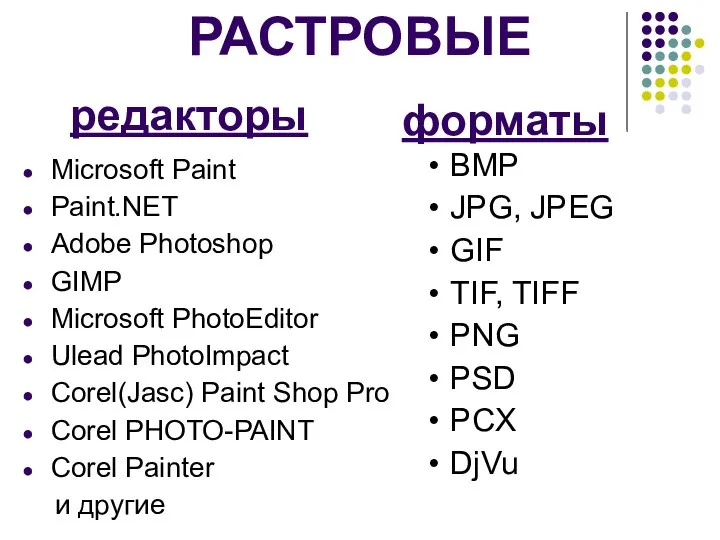 РАСТРОВЫЕ Microsoft Paint Paint.NET Adobe Photoshop GIMP Microsoft PhotoEditor Ulead PhotoImpact Corel(Jasc)