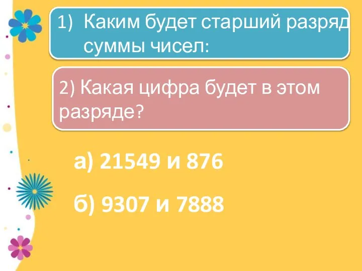 а) 21549 и 876 б) 9307 и 7888 Каким будет старший разряд