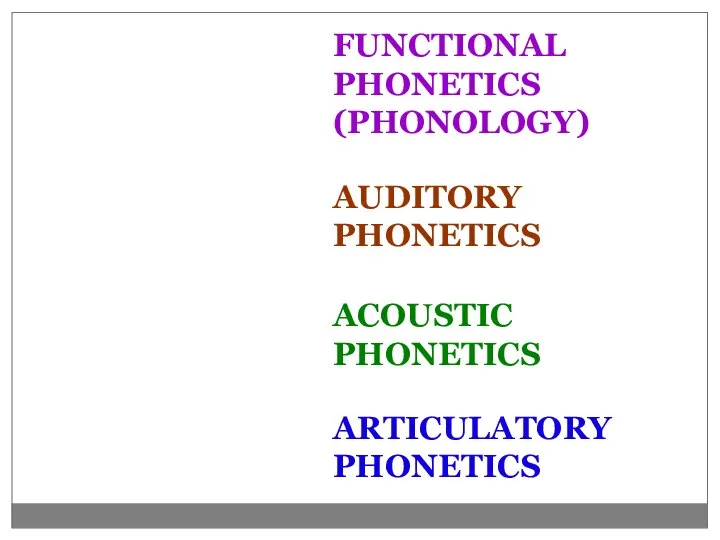 BRANCHES OF PHONETICS ARTICULATORY PHONETICS ACOUSTIC PHONETICS AUDITORY PHONETICS FUNCTIONAL PHONETICS (PHONOLOGY)