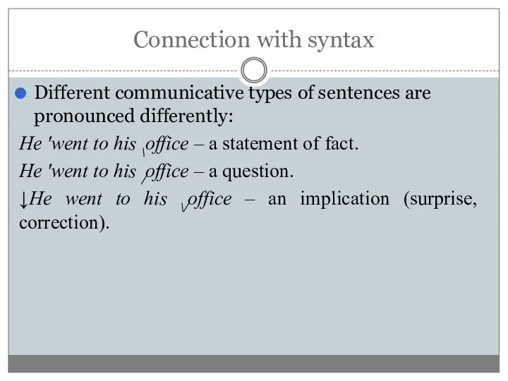 Connection with syntax Different communicative types of sentences are pronounced differently: He