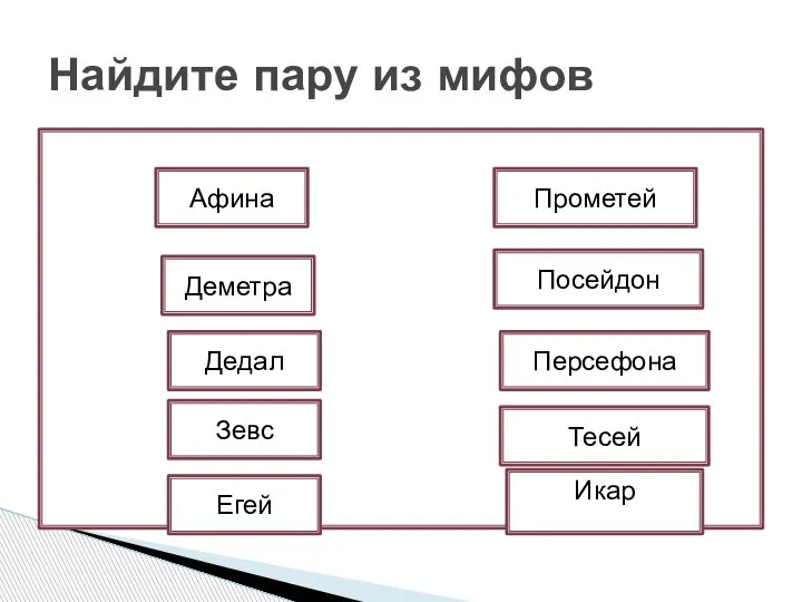 Найдите пару из мифов Егей Икар Зевс Дедал Деметра Афина Тесей Персефона Посейдон Прометей