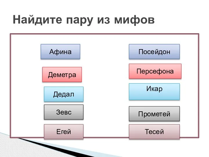 Найдите пару из мифов Егей Икар Зевс Дедал Деметра Афина Тесей Персефона Посейдон Прометей