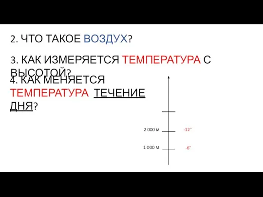 2. ЧТО ТАКОЕ ВОЗДУХ? 3. КАК ИЗМЕРЯЕТСЯ ТЕМПЕРАТУРА С ВЫСОТОЙ? -6° -12°