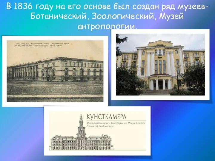 В 1836 году на его основе был создан ряд музеев- Ботанический, Зоологический, Музей антропологии.