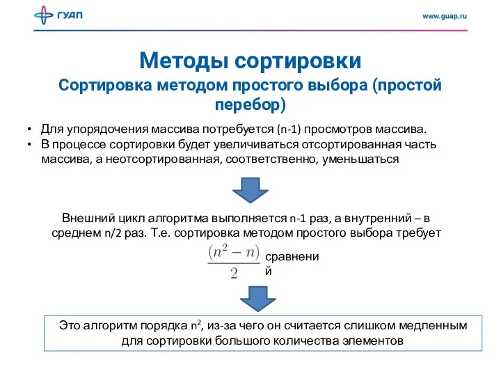 Методы сортировки Сортировка методом простого выбора (простой перебор) Для упорядочения массива потребуется